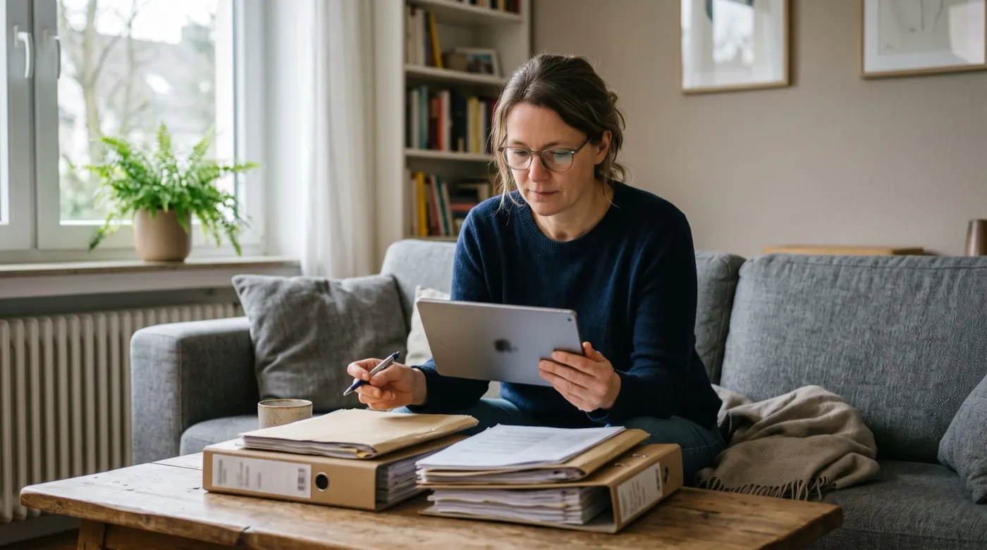 Person sitzt mit einem Tablet auf dem Sofa und geht laufende Verträge durch