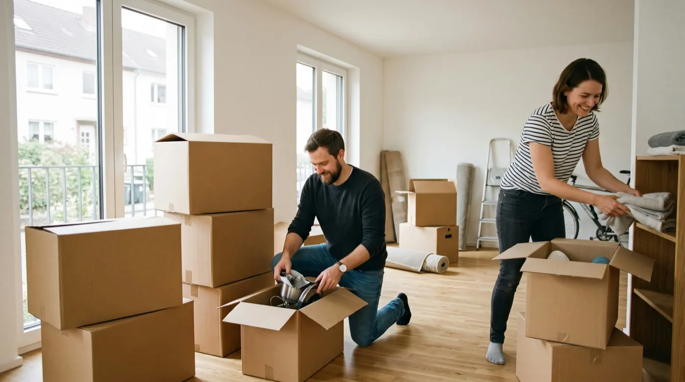 Paar packt in einer neuen Wohnung Umzugskartons aus