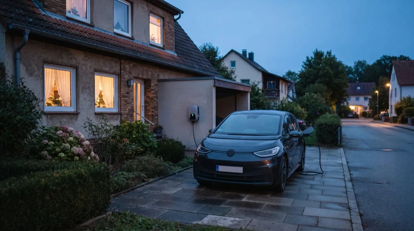 Elektroauto lädt in der Einfahrt eines Wohnhauses