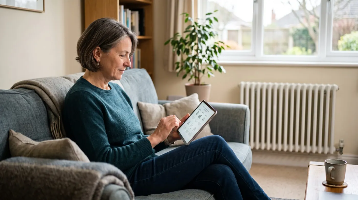 Verbraucher prüft zuhause auf dem Sofa verschiedene Energieangebote