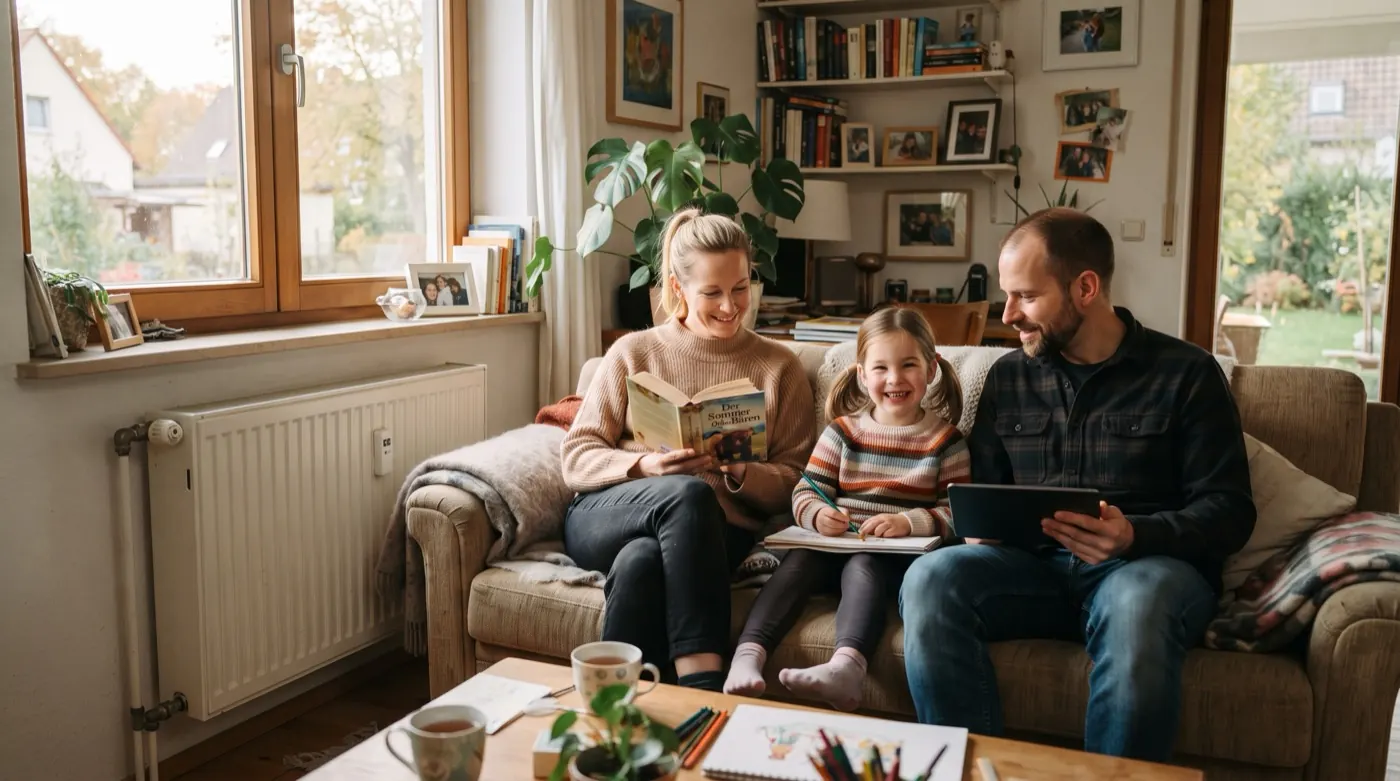 Familie in einem warmen Wohnzimmer mit sichtbarem Heizkörper
