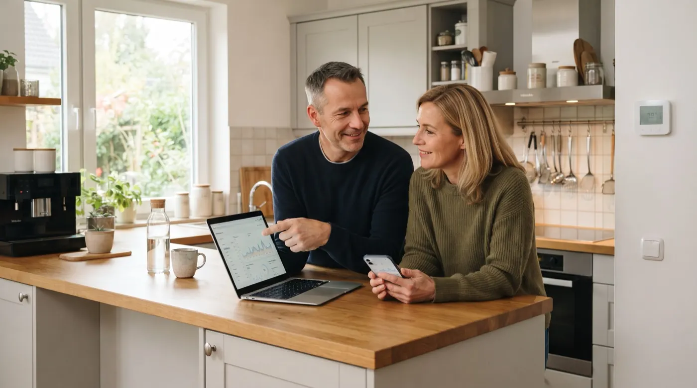 Paar prüft zuhause in der Küche die Strom- und Gastarife am Laptop
